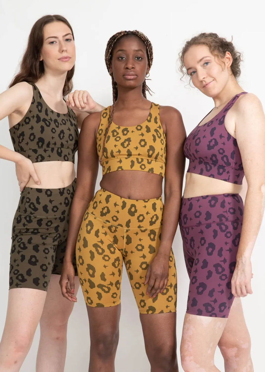 boochen eco-friendly bike shorts in yellow leopard, sustainable fashion, sustainable leggings, shorts, nachhaltige shorts im gelb Leopard